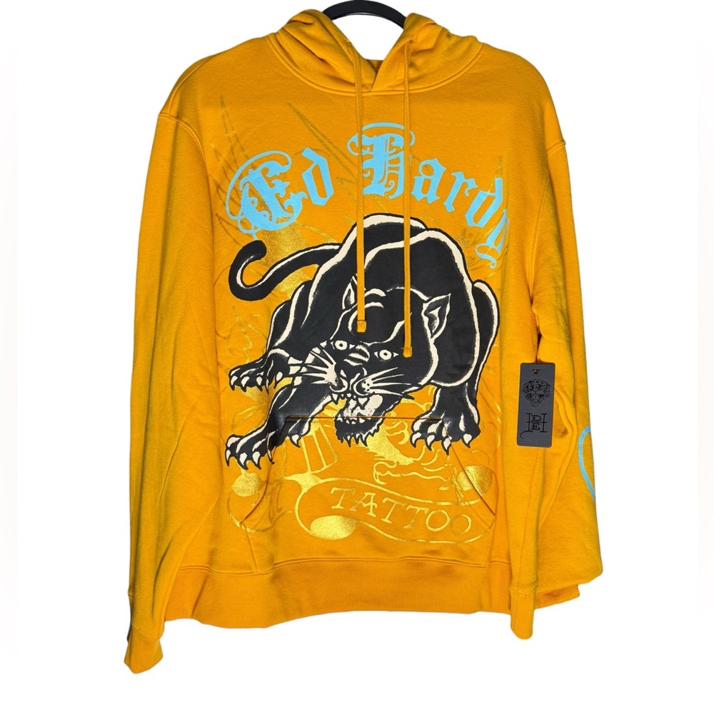 Ed Hardy Crouching Panther Tattoo Hoodie Pullover Mari Gold Mens Large NWT